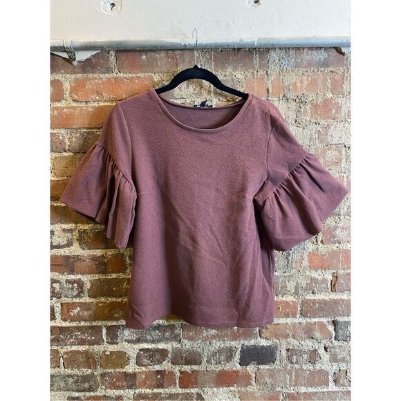 EXPRESS • Maroon Purple -ish Soft Textured Cotton Blend Ruffle Bell Sleeve Semi- - Picture 1 of 10